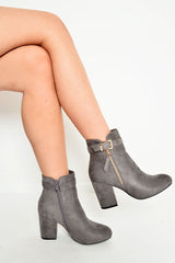 Light Grey Heeled Ankle Boots With Gold Detail - Aamiya-Boots