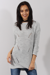Light Grey Knitted Distressed Back Jumper Dress - Cara-Jumper