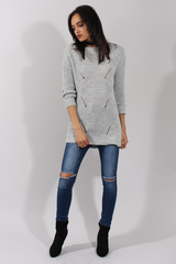 Light Grey Knitted Distressed Back Jumper Dress - Cara-Jumper