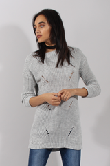 Light Grey Knitted Distressed Back Jumper Dress - Cara-Jumper