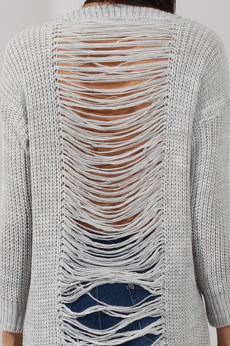 Light Grey Knitted Distressed Back Jumper Dress - Cara-Jumper
