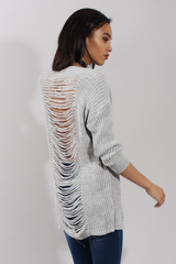 Light Grey Knitted Distressed Back Jumper Dress - Cara-Jumper