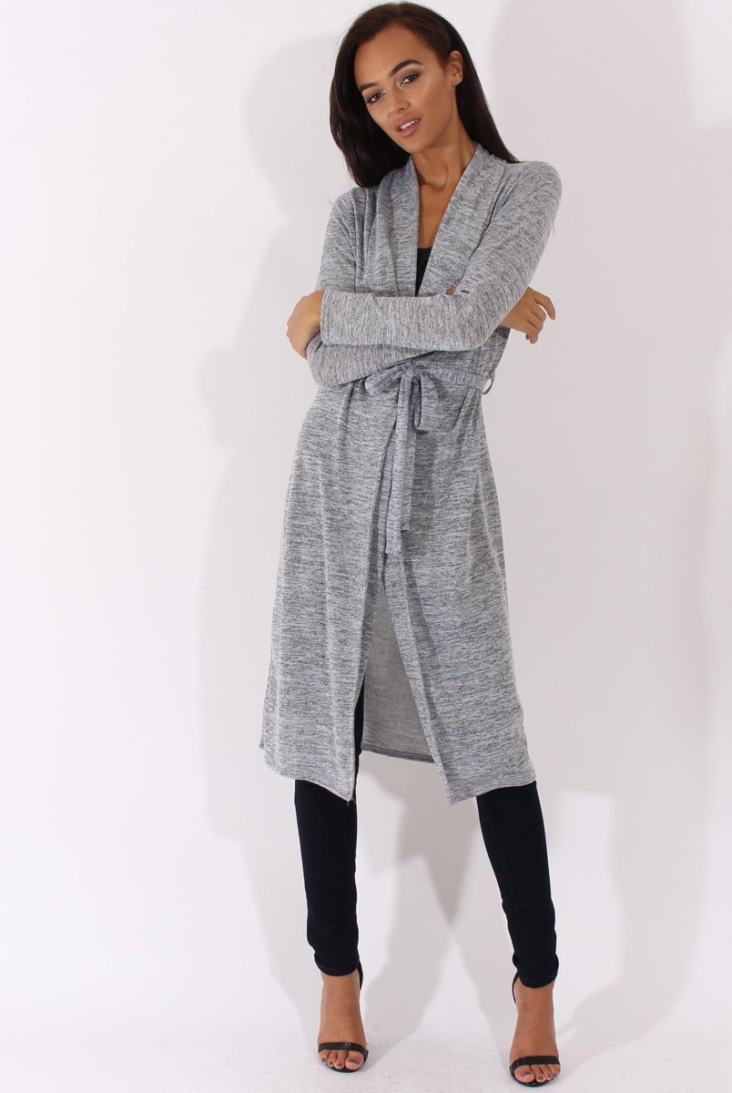 Light Grey Long Line Tied Waist Cardigan - Portia-Dresses