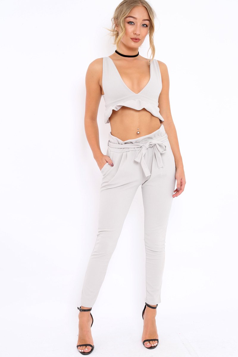 Light Grey Paper Bag Tie Waist Cigarette Trousers - Karmen-Trousers