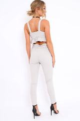Light Grey Paper Bag Tie Waist Cigarette Trousers - Karmen-Trousers