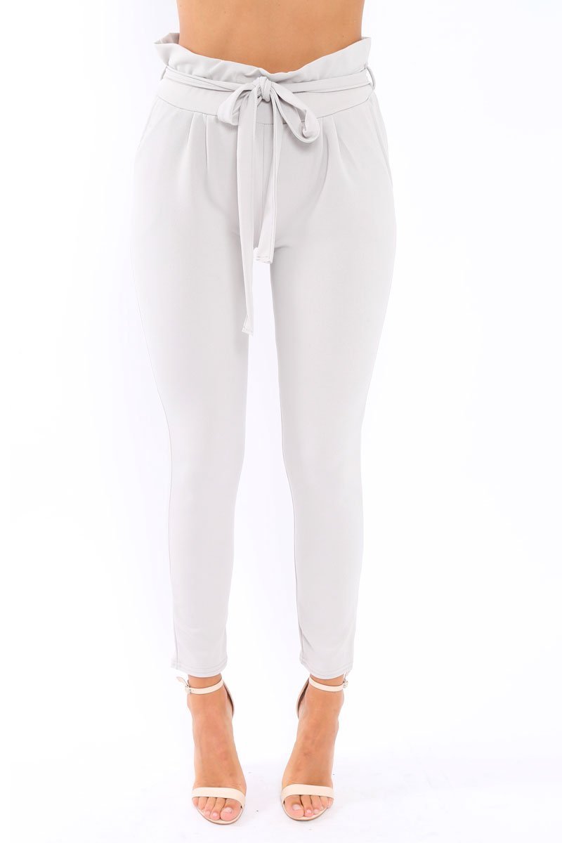 Light Grey Paper Bag Tie Waist Cigarette Trousers - Karmen-Trousers