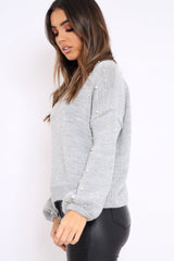 Light Grey Puff Sleeve Pearl Chunky Knit Jumper - Nancie-Jumper