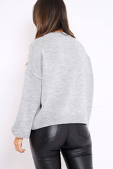 Light Grey Puff Sleeve Pearl Chunky Knit Jumper - Nancie-Jumper