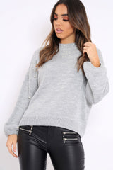 Light Grey Puff Sleeve Pearl Chunky Knit Jumper - Nancie-Jumper