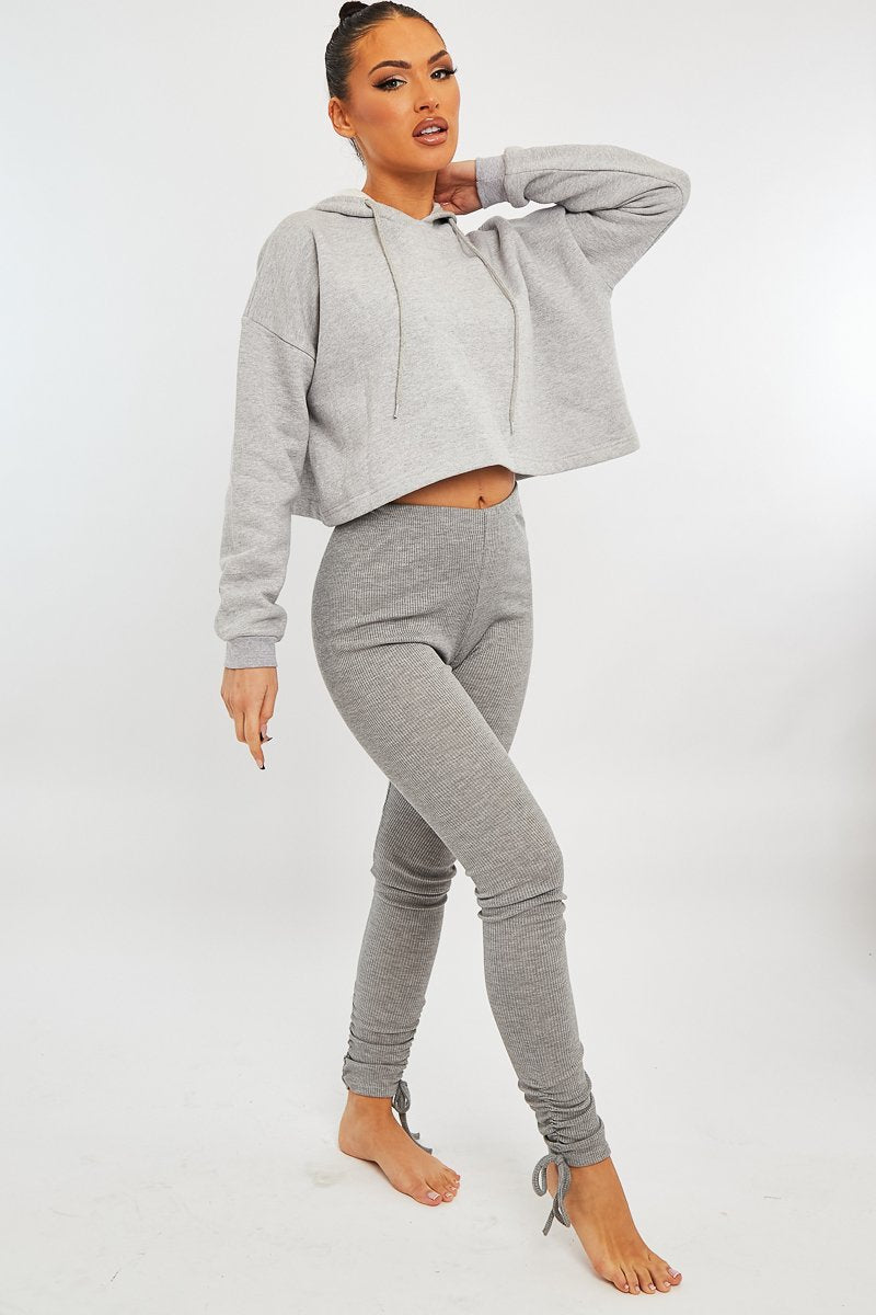 Light Grey Ribbed Ruched Ankle Leggings - Hollyann-Leggings