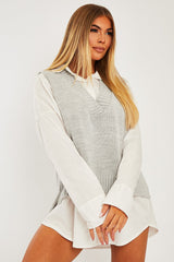 Light Grey Shirt Insert Knit Vest Top - Caris-Tops