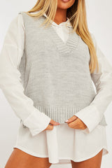 Light Grey Shirt Insert Knit Vest Top - Caris-Tops