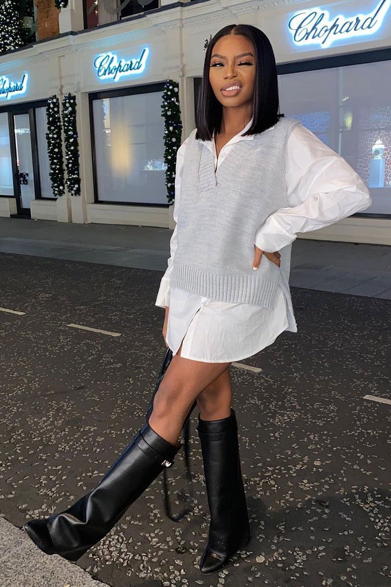Light Grey Shirt Insert Knit Vest Top - Caris-Tops
