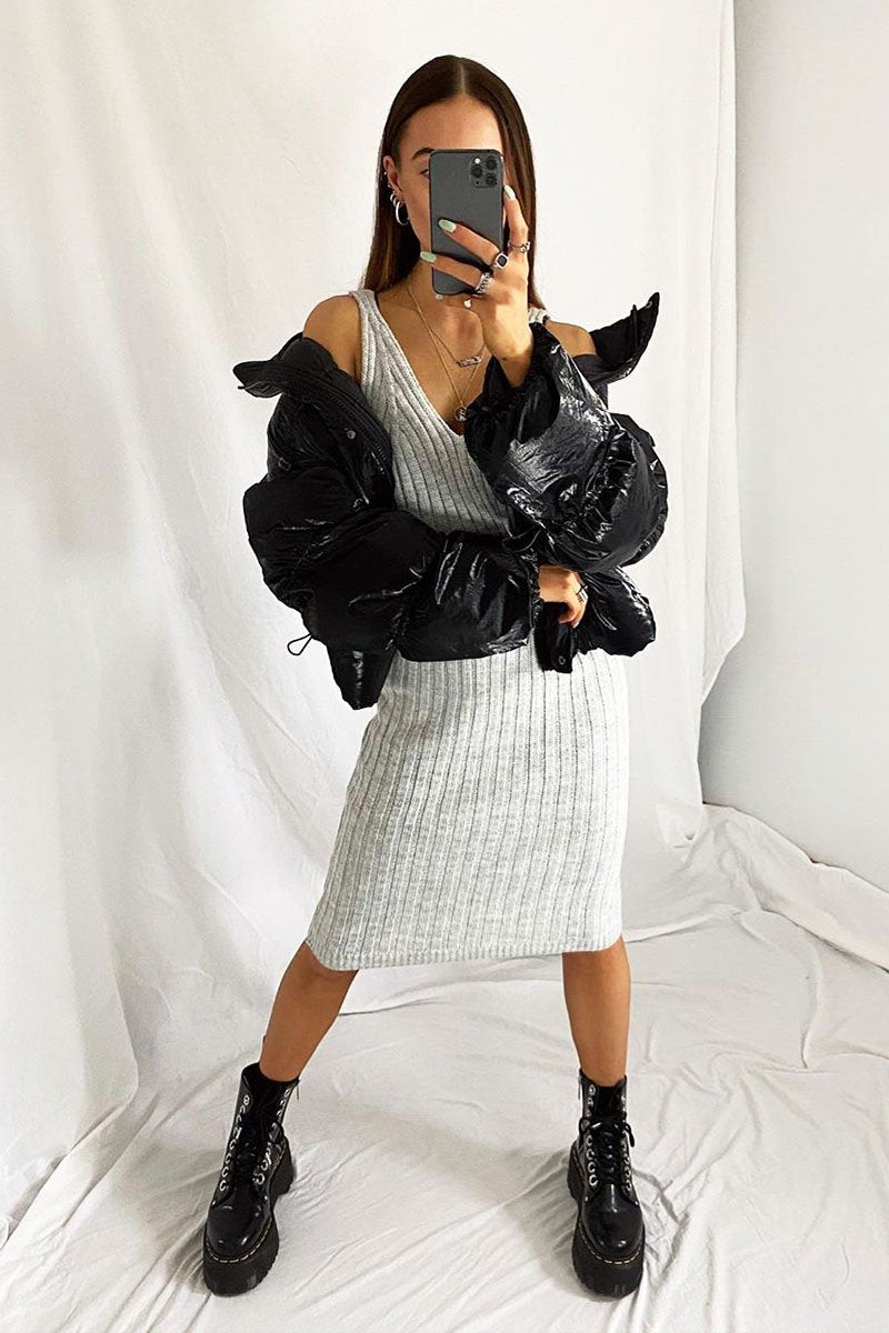 Light Grey Strappy Knit Midi Dress - Graciella-Dresses