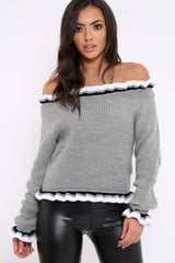 Light Grey Stripe Bardot Knitted Jumper - Bailey-Jumper