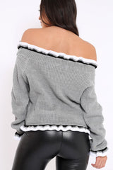 Light Grey Stripe Bardot Knitted Jumper - Bailey-Jumper