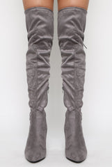 Light Grey Suede Drawstring Over The Knee Boots - Joni-Boots