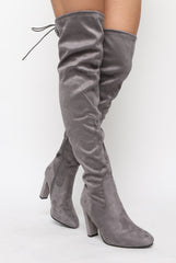 Light Grey Suede Drawstring Over The Knee Boots - Joni-Boots