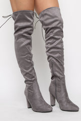 Light Grey Suede Drawstring Over The Knee Boots - Joni-Boots