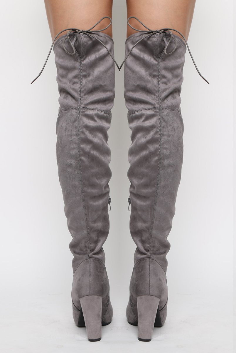 Light Grey Suede Drawstring Over The Knee Boots - Joni-Boots