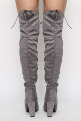 Light Grey Suede Drawstring Over The Knee Boots - Joni-Boots