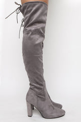 Light Grey Suede Drawstring Over The Knee Boots - Joni-Boots