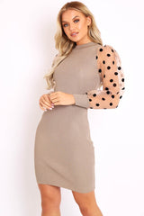 Light Khaki Polka Puff Sleeve Knit Ribbed Mini Dress - Amai-Dresses