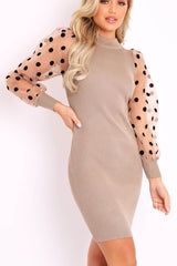 Light Khaki Polka Puff Sleeve Knit Ribbed Mini Dress - Amai-Dresses