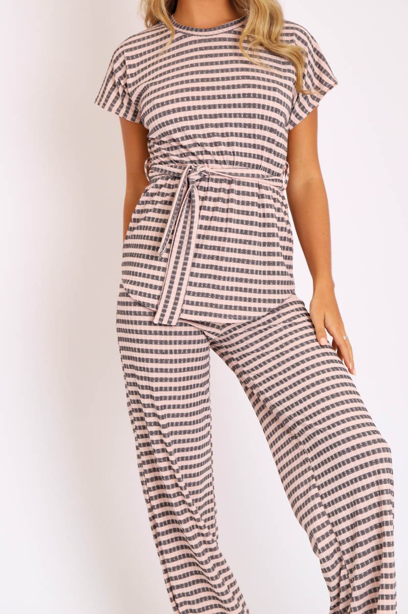 Light Pink Black Stripe Wide Leg Belted Top Co-ord - Dolly-Co-ords