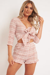 Light Pink Checked Crop Top and Frill Shorts - Vesa-Co-ords