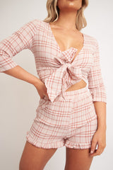 Light Pink Checked Crop Top and Frill Shorts - Vesa-Co-ords