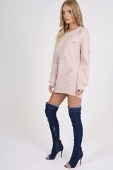 Light Pink Distressed Detail Sweatshirt Jumper Dress - Ivy-Jumper