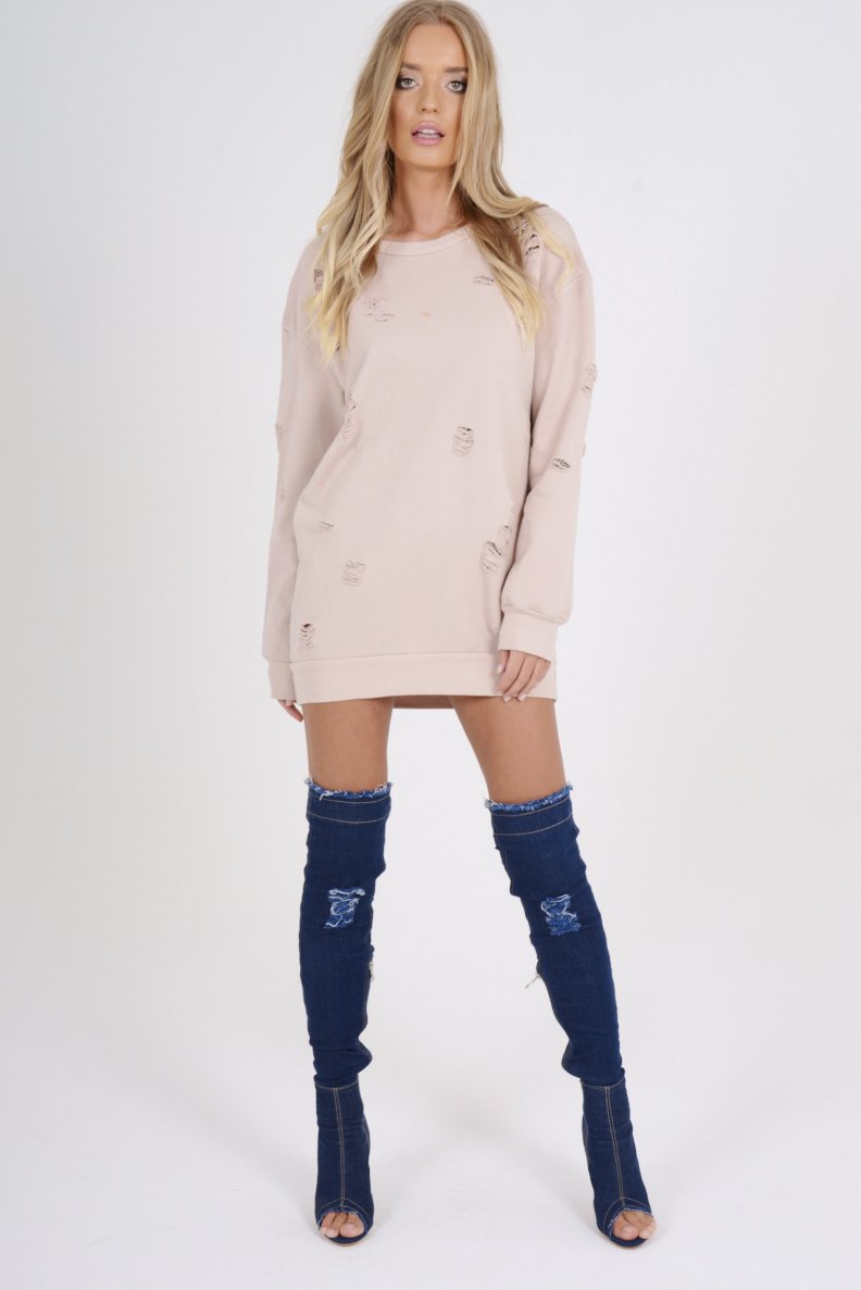 Light Pink Distressed Detail Sweatshirt Jumper Dress - Ivy-Jumper