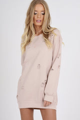 Light Pink Distressed Detail Sweatshirt Jumper Dress - Ivy-Jumper