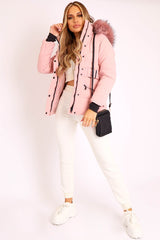 Light Pink Fur Trim Adjustable Waist Puffer Coat - Rossie-Coats