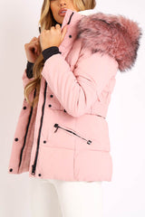 Light Pink Fur Trim Adjustable Waist Puffer Coat - Rossie-Coats