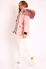 Light Pink Fur Trim Adjustable Waist Puffer Coat - Rossie-Coats