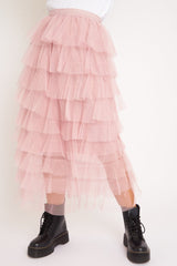 Light Pink High Waisted Tulle Ruffle Midi Skirt - Aaliyana-Skirts