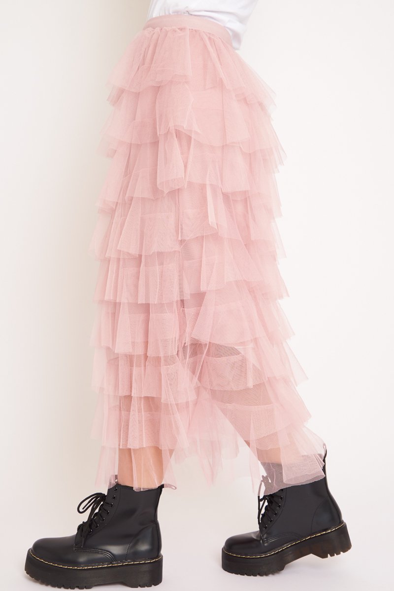 Light Pink High Waisted Tulle Ruffle Midi Skirt - Aaliyana-Skirts