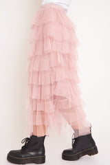 Light Pink High Waisted Tulle Ruffle Midi Skirt - Aaliyana-Skirts