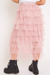 Light Pink High Waisted Tulle Ruffle Midi Skirt - Aaliyana-Skirts