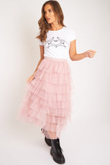 Light Pink High Waisted Tulle Ruffle Midi Skirt - Aaliyana-Skirts