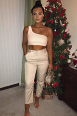 Light Pink One Shouldered Crop Top - Kamri-Crop Tops