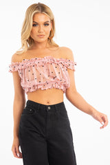 Light Pink Polka Mesh Frill Bardot Crop Top - Wrenlee-Crop Tops