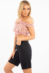 Light Pink Polka Mesh Frill Bardot Crop Top - Wrenlee-Crop Tops