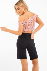 Light Pink Polka Mesh Frill Bardot Crop Top - Wrenlee-Crop Tops