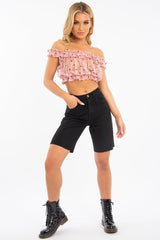 Light Pink Polka Mesh Frill Bardot Crop Top - Wrenlee-Crop Tops