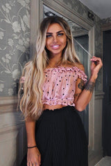 Light Pink Polka Mesh Frill Bardot Crop Top - Wrenlee-Crop Tops