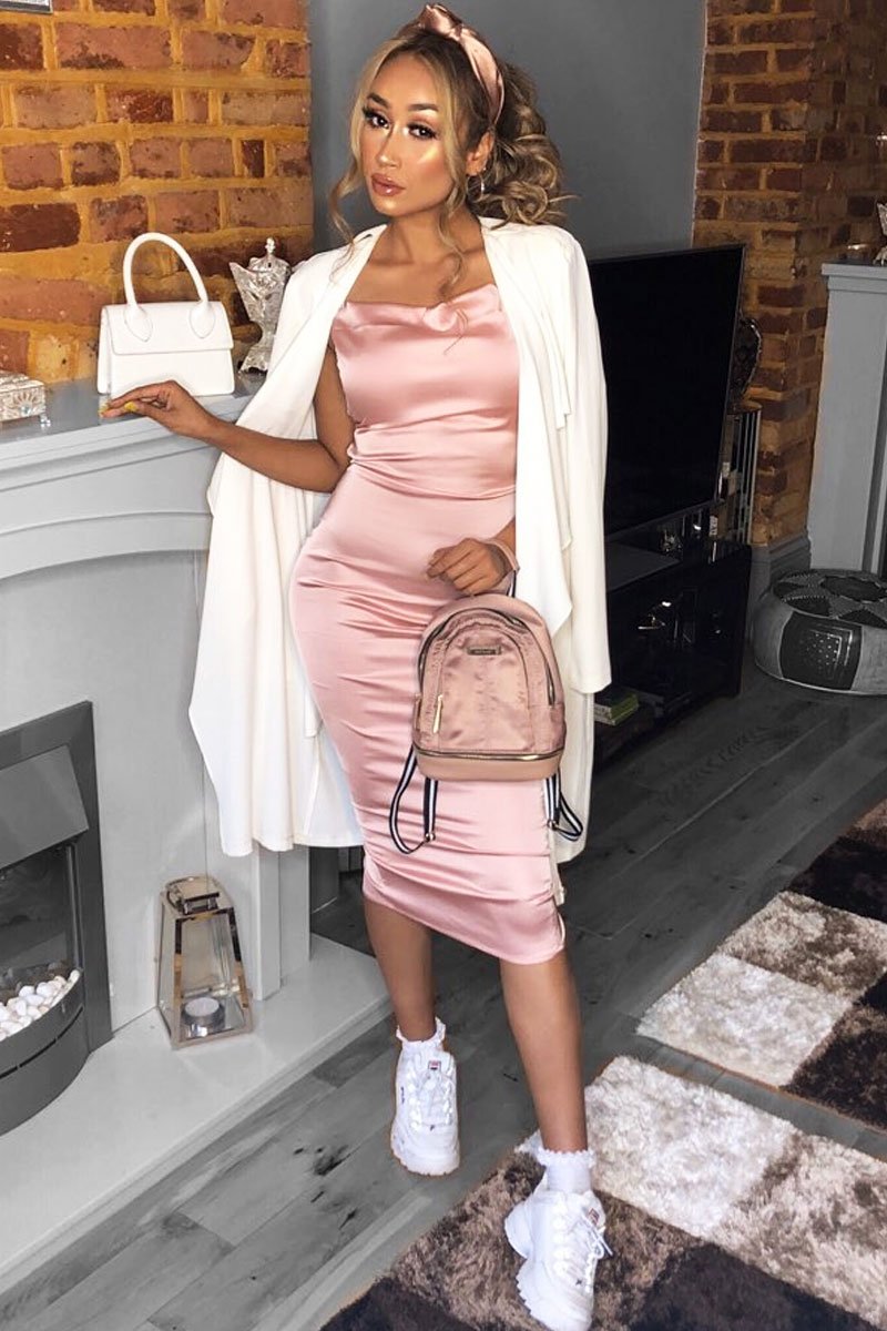 Light Pink Satin Cowl Neck Midi Bodycon Dress - Liliana-Dresses