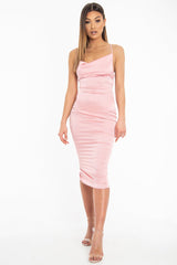 Light Pink Satin Cowl Neck Midi Bodycon Dress - Liliana-Dresses